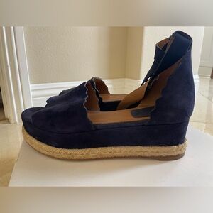 Chloe Scalloped Platform Espadrille Sandals in Blue Lagoon (Navy). suede